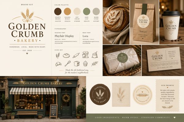 Now create a brand kit for a cozy neighborhood bakery called “Golden Crumb Bakery,” in a warm, elegant, artisanal style. Use a rustic yet refined visual identity, inspired by traditional local bakeries. Include a classic serif logo, wheat-inspired iconography, earthy and creamy tones, a clean brand board layout, packaging mockups, storefront signage, simple hand-drawn bakery icons, and a friendly, nostalgic atmosphere that feels homemade, trustworthy, and timeless.