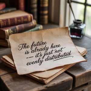 Ideogram V3 output for the prompt: A handwritten letter on aged paper with the words "The future is already here — it's just not evenly distributed" in cursive ink