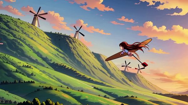 Kling 1.6 Pro output for the prompt: Studio Ghibli style hand-drawn animation: a young girl flying on a broom over rolling green hills with windmills at sunset, hair blowing in the wind.