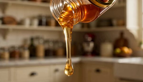 SeeDance 2.0 output for the prompt: A slow-motion close-up of honey being poured from a glass jar onto warm pancakes, light catching the viscous drip, steam rising subtly. Handheld, shallow depth of field.