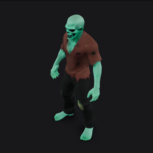 Stylized low-poly game-ready zombie character, full body, standing in neutral A-pose with arms slightly away from the body, torn ragged shirt and pants, pale greenish decaying skin, hunched posture, survival horror game style, clean topology, single character, no base