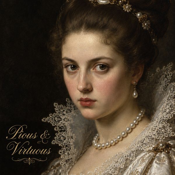 Music album cover. The image is a painting portrait of the Early Baroque period of a woman's face, which appears to be a close-up of her face. She is wearing a white dress with intricate lace detailing and a pearl necklace. Her hair is styled in a high bun and she is looking directly at the viewer with a serious expression. The background is dark, and the text "Pious & Virtuous" is written in an old style cursive font in the bottom left of the image. The overall style of the portrait is ornate and luxurious.