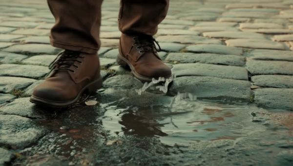 Luma Ray 2 output for the prompt: A brown leather boot drops into a shallow puddle on a cobblestone street. Water splashes in a perfect circle, then settles. Slow motion 120fps, dawn light.