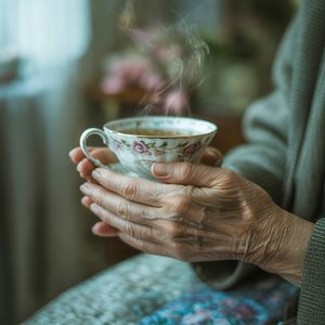 Ideogram V3 output for the prompt: A 35mm film photo of an elderly woman's hands holding a steaming porcelain teacup, natural window light, Portra 400 grain