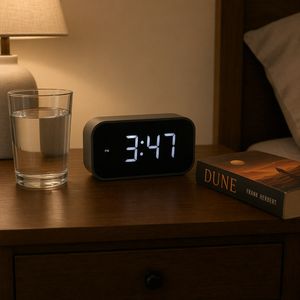 GPT Image 2 output for the prompt: A clock showing 3:47 on a bedside table, with a glass of water to the LEFT and a book titled "Dune" to the RIGHT