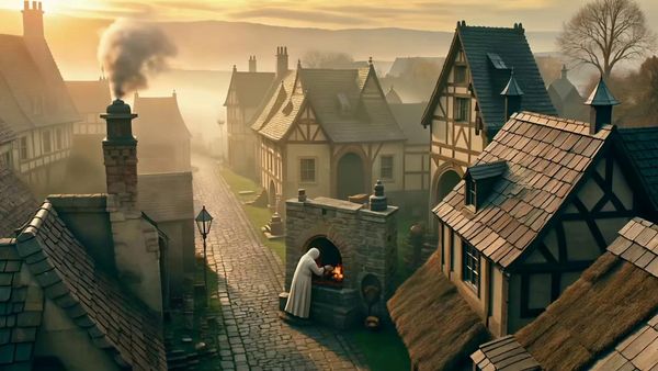 SeeDance 1.0 Lite output for the prompt: Aerial crane shot descending over a medieval European village at dawn. Fog clinging to cobblestone streets, a baker pulling bread from a stone oven. Warm golden hour light.