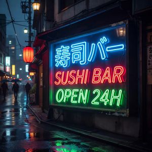 Grok Imagine output for the prompt: A neon storefront sign in Tokyo at night, Japanese and English mixed: "寿司バー · SUSHI BAR · OPEN 24H"