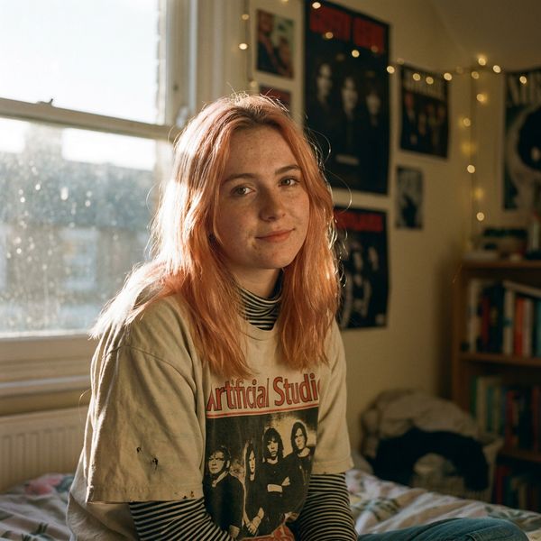 a young woman with brightly dyed pink-gold hair and freckled skin, looking directly and intently into the camera lens with a hopeful yet slightly uncertain smile, she is slightly off-center. She wears an oversized, vintage band t-shirt that says "Artificial Studio" (slightly worn) over a long-sleeved striped top and simple silver stud earrings. The lighting is soft, golden hour sunlight streaming through a slightly dusty window, creating lens flare and illuminating dust motes in the air. The background shows a blurred, cluttered bedroom with posters on the wall and fairy lights, rendered with a shallow depth of field. Natural film grain, a warm, slightly muted color palette, and sharp focus on her expressive eyes enhance the intimate, authentic feel