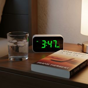 Google Image 4 output for the prompt: A clock showing 3:47 on a bedside table, with a glass of water to the LEFT and a book titled "Dune" to the RIGHT