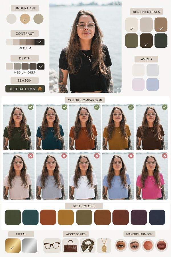 Using this portrait, create a diagram-first personal color analysis. Show which clothing colors suit the subject through visual comparison. Keep text minimal and avoid paragraphs.