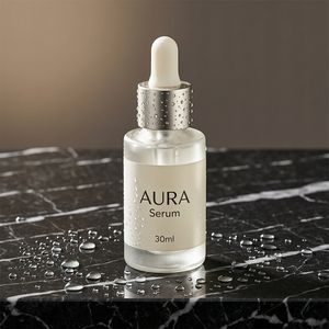 Wan 2.7 output for the prompt: Premium skincare bottle on a black marble surface, water droplets, soft rim light, label reads "AURA Serum 30ml"