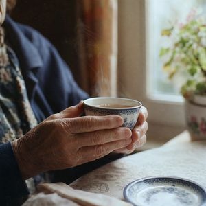 GPT Image 2 output for the prompt: A 35mm film photo of an elderly woman's hands holding a steaming porcelain teacup, natural window light, Portra 400 grain