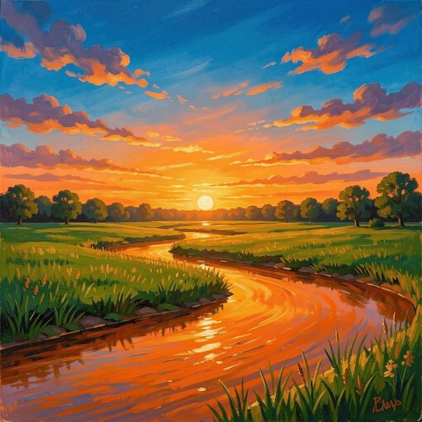 a sunset, blue sky, green field, orange river, painting