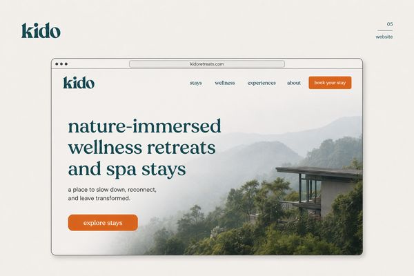 Take cell 5 (middle-center, "Website") from the attached brand kit reference image and recreate it as a full-bleed standalone brand book page.

Keep EXACTLY the same visual language: typography, colors, mood, composition style. Same brand "Kido".

Layout it as a single editorial brand book page in landscape format. Add a small page label "05" or "website" in the top corner. Generous margins, designer-grade.