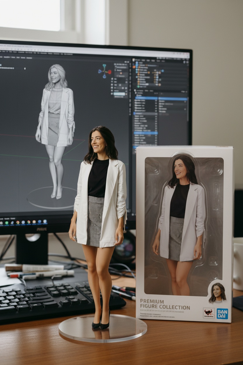 Create a 1/7 scale commercialized figurine of the character in the picture, in a realistic style, in a real environment (finish the woman's legs with heels).
The figurine is placed on a computer desk.
The figurine has a round transparent acrylic base, with no text on the base. The content on the computer screen is the brush modeling process of this figurine.
Next to the computer screen is a BANDAI-style toy packaging box printed with the original artwork. The packaging features two-dimensional flat illustrations.
Please turn this photo into a figurine. Behind it, there should be a Model packaging box with the character from this photo printed on it. In front of the box on a round plastic base place the figurine version of the photo I gave you. I'd like the PVC material to be clearly represented.