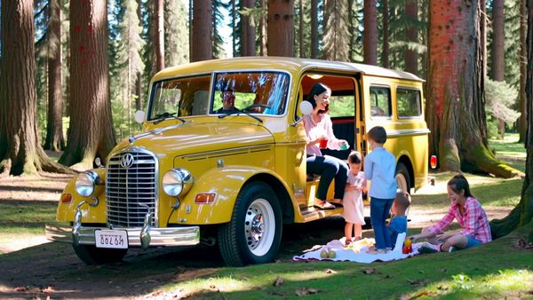 Kling 1.6 Pro output for the prompt: Super 16mm film grain, Kodachrome color: a family of four having a picnic in a yellow VW bus parked by a redwood forest. Children laughing, mom pouring lemonade.