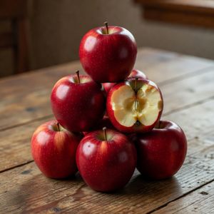Grok Imagine output for the prompt: Exactly 7 red apples arranged in a pyramid on a wooden table, one apple with a bite taken out of it on the right side