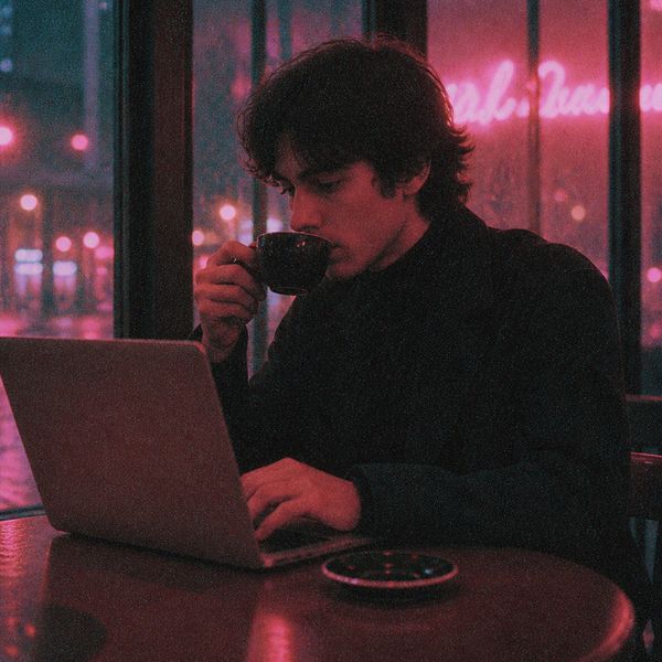 man using a laptop in a cafe drinking a coffee