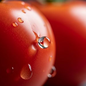 Google Image 4 output for the prompt: Close-up macro shot of a drop of water sliding down a ripe tomato, studio lighting, 100mm lens, f/2.8