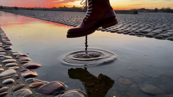 SeeDance 1.0 Lite output for the prompt: A brown leather boot drops into a shallow puddle on a cobblestone street. Water splashes in a perfect circle, then settles. Slow motion 120fps, dawn light.