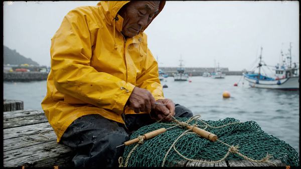 Google Veo 3.1 Lite output for the prompt: A elderly Japanese fisherman in a yellow raincoat mends a net on the dock. Cut to the same fisherman walking up a stone path toward a lighthouse, seen from behind. Overcast sky, 35mm film look.