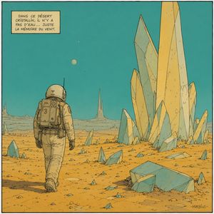 GPT Image 2 output for the prompt: A Moebius (Jean Giraud) comic panel: an astronaut walking through a crystalline desert, flat cel shading, limited palette of ochre and teal