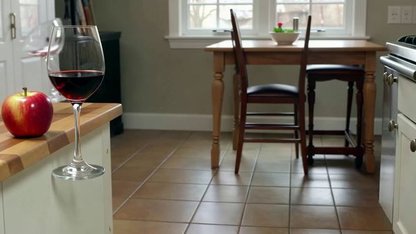 SeeDance 1.0 Lite output for the prompt: A ripe red apple falls from a kitchen countertop and shatters a wine glass on the tile floor below. Shards scatter, juice splashes. 24fps, natural morning light.