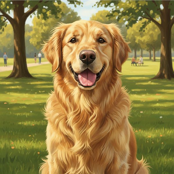 A golden retriever dog sitting in a sunny park, happy expression, detailed fur texture, natural lighting, high quality illustration