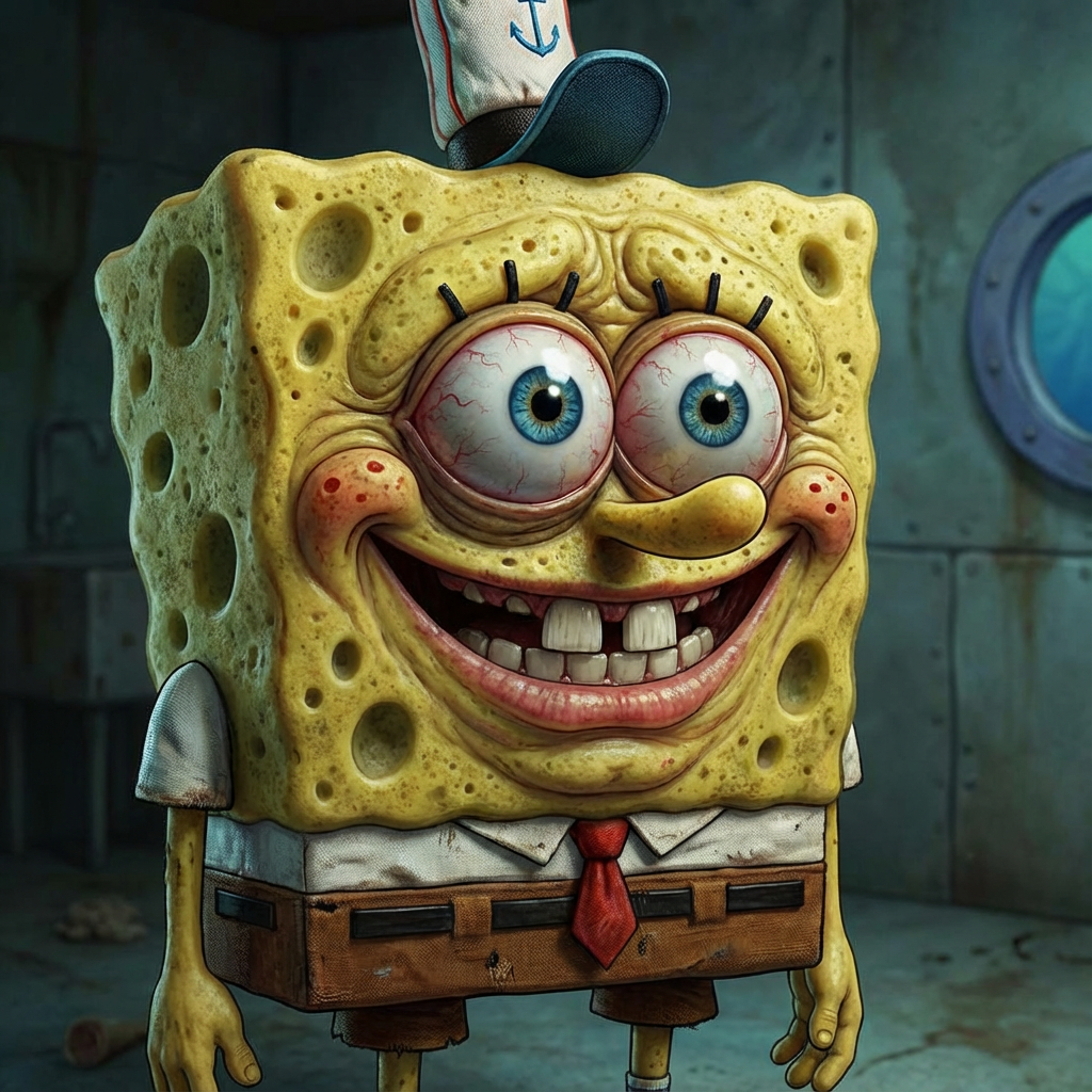spongebob squarepants smiling terrifying, literal realism cartoon style