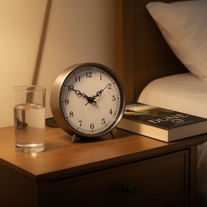 Flux 2 output for the prompt: A clock showing 3:47 on a bedside table, with a glass of water to the LEFT and a book titled "Dune" to the RIGHT