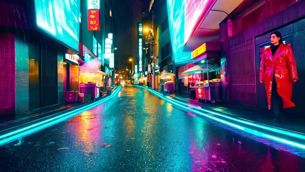 Minimax output for the prompt: Rain-soaked neon-lit Tokyo alley at 2am. A woman in a red vinyl coat walks past glowing ramen stalls, holographic ads flickering. Blade Runner 2049 aesthetic.