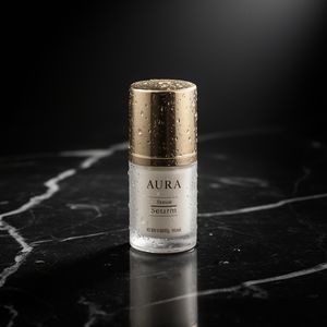 Flux 2 output for the prompt: Premium skincare bottle on a black marble surface, water droplets, soft rim light, label reads "AURA Serum 30ml"