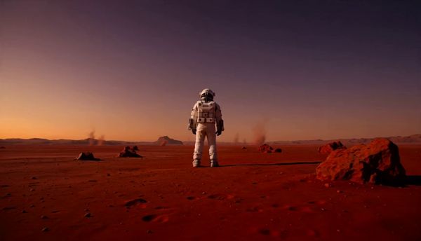 SeeDance 2.0 output for the prompt: A single astronaut stands on a red Martian plain with their back to the camera. The camera dollies forward slowly over 4 seconds. Dust devils swirl in the distance. Sunset lighting.