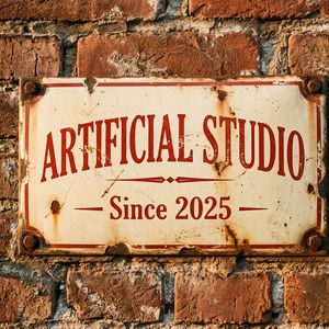 Nano Banana 2 output for the prompt: A vintage enamel sign that reads "ARTIFICIAL STUDIO — Since 2025" in red and cream, mounted on a weathered brick wall, golden hour