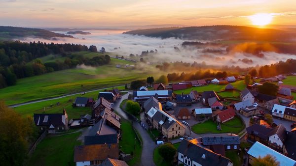 Kling 1.6 Pro output for the prompt: Aerial crane shot descending over a medieval European village at dawn. Fog clinging to cobblestone streets, a baker pulling bread from a stone oven. Warm golden hour light.