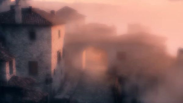 Mochi output for the prompt: Aerial crane shot descending over a medieval European village at dawn. Fog clinging to cobblestone streets, a baker pulling bread from a stone oven. Warm golden hour light.