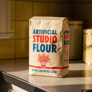 Capture an intimate close-up bathed in warm, soft, late-afternoon sunlight filtering into a quintessential 1960s kitchen. The focal point is a charmingly designed vintage package of all-purpose flour, resting invitingly on a speckled Formica countertop. The packaging itself evokes pure nostalgia: perhaps thick, slightly textured paper in a warm cream tone, adorned with simple, bold typography (a friendly serif or script) in classic red and blue “ARTIFICIAL STUDIO FLOUR”, featuring a delightful illustration like a stylized sheaf of wheat or a cheerful baker character. In smaller bold print at the bottom of the package: “NET WT 5 LBS (80 OZ) 2.27kg”. Focus sharply on the package details – the slightly soft edges of the paper bag, the texture of the vintage printing, the inviting "Artificial Studio Flour" text. Subtle hints of the 1960s kitchen frame the shot – the chrome edge of the counter gleaming softly, a blurred glimpse of a pastel yellow ceramic tile backsplash, or the corner of a vintage metal canister set just out of focus. The shallow depth of field keeps attention locked on the beautifully designed package, creating an aesthetic rich in warmth, authenticity, and nostalgic appeal.