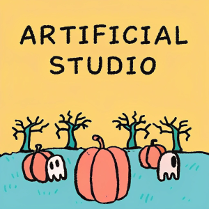 Cover o a halloween book named 'Artificial Studio', with a dark farm setting, with pumpkins and macabre things