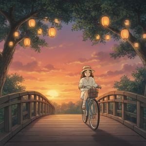Flux 2 output for the prompt: A Studio Ghibli-style animation still of a girl on a bicycle crossing a bridge at sunset, lanterns in the trees
