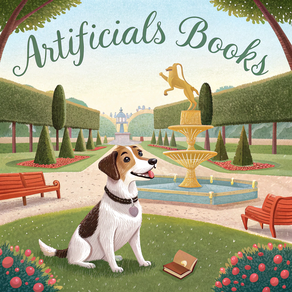  a dog in a park, and the title Artificials Books in the style of Wes Anderson