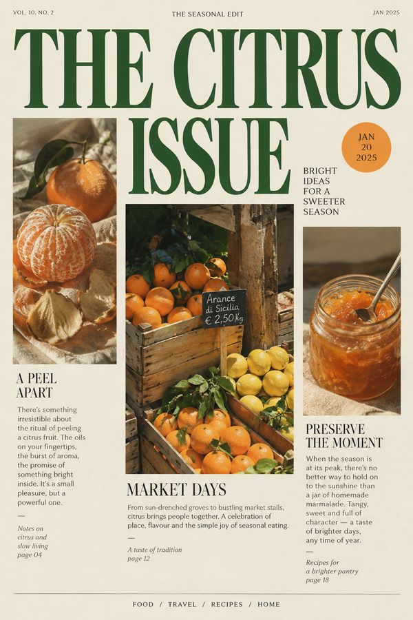 editorial poster for 'the citrus issue', cream paper, oversized green serif headline across the top, three asymmetrical photo panels featuring peeled oranges, market crates and marmalade, narrow caption columns, orange circular date badge