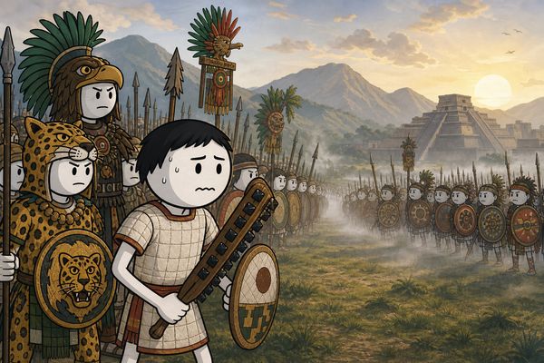 Flat 2D cartoon illustration in a webcomic explainer style, clean bold black outlines, soft flat colors with gentle shading, detailed historically accurate Aztec background, wide cinematic composition. Characters are simple cartoon people with large perfectly round smooth white heads, small dot eyes, simple expressive eyebrows and mouth, thin stick-like limbs. The protagonist is a 17-year-old Aztec youth with a round white head and short straight black hair, wearing quilted white cotton armor, holding a macuahuitl and a simple round shield. No text, no letters, no captions. SCENE: Dawn on a misty grassy valley. The protagonist stands in the front row of an Aztec army, nervous, swallowing hard, sweat on his head. Behind him, elite eagle and jaguar warriors with feathered standards. Across the field, a line of enemy warriors emerges from the mist with shields and spears. Tense calm before battle.