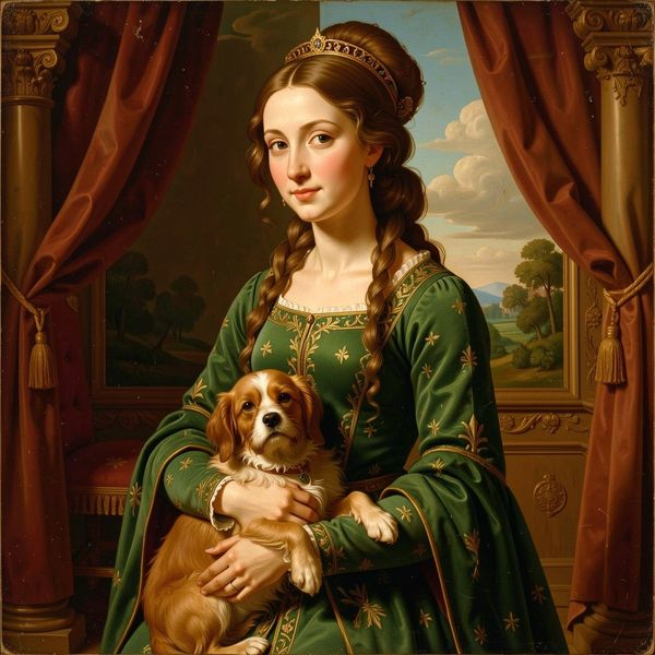 Renaissance style, woman holding a dog, green dress