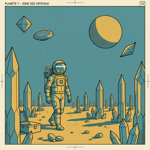 Wan 2.7 output for the prompt: A Moebius (Jean Giraud) comic panel: an astronaut walking through a crystalline desert, flat cel shading, limited palette of ochre and teal