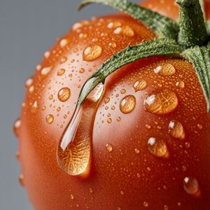 Wan 2.7 output for the prompt: Close-up macro shot of a drop of water sliding down a ripe tomato, studio lighting, 100mm lens, f/2.8