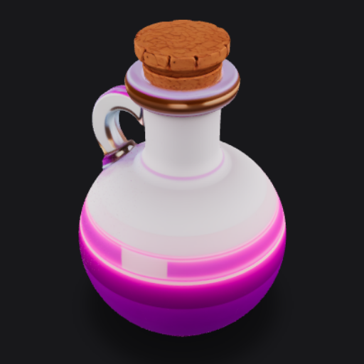 Magic Potion Bottle. Round-bellied glass flask with a bulbous spherical body tapering into a narrow neck. Curved loop handle on the left side. Transparent glass filled with glowing violet-magenta liquid. Bright pink luminous highlight at the liquid's surface line. Tan-brown cork stopper with a stepped, two-tier profile.