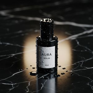 Google Image 4 output for the prompt: Premium skincare bottle on a black marble surface, water droplets, soft rim light, label reads "AURA Serum 30ml"
