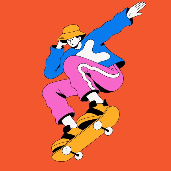 A skateboarder mid-trick, bold flat colors, streetwear aesthetic vector