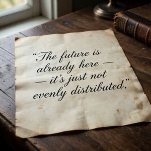 Grok Imagine output for the prompt: A handwritten letter on aged paper with the words "The future is already here — it's just not evenly distributed" in cursive ink