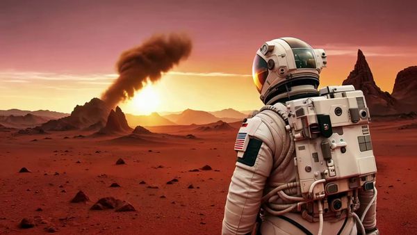 SeeDance 1.0 Lite output for the prompt: A single astronaut stands on a red Martian plain with their back to the camera. The camera dollies forward slowly over 4 seconds. Dust devils swirl in the distance. Sunset lighting.